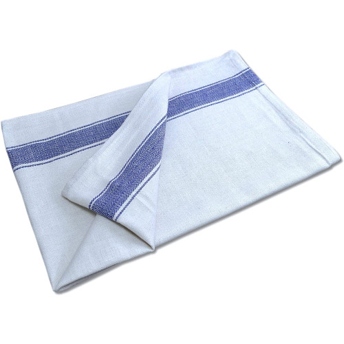 White Herringbone Tea Towels with Blue Stripe Band