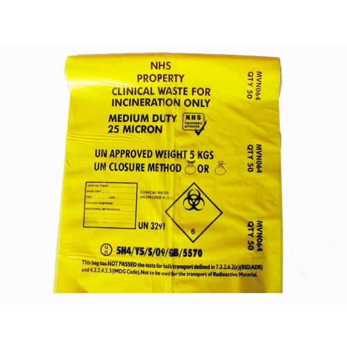 Yellow Clinical Waste Bags On A Roll Of 50 - NHS Property Printed